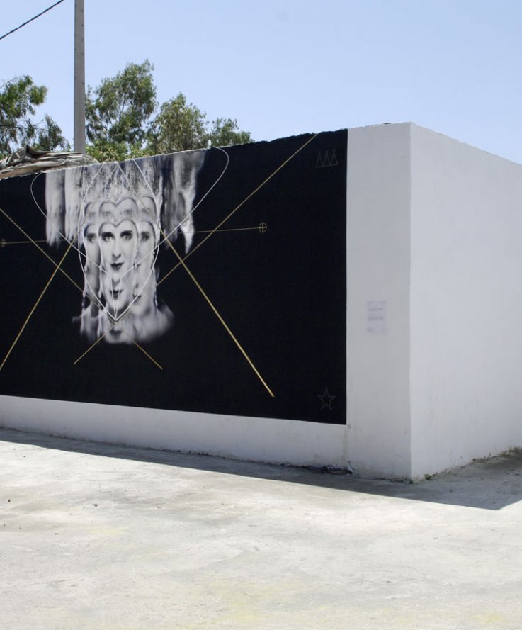 The problem of a wrong choice I, 2012, <br />
Wall painting and collage, 300 x 700 cm