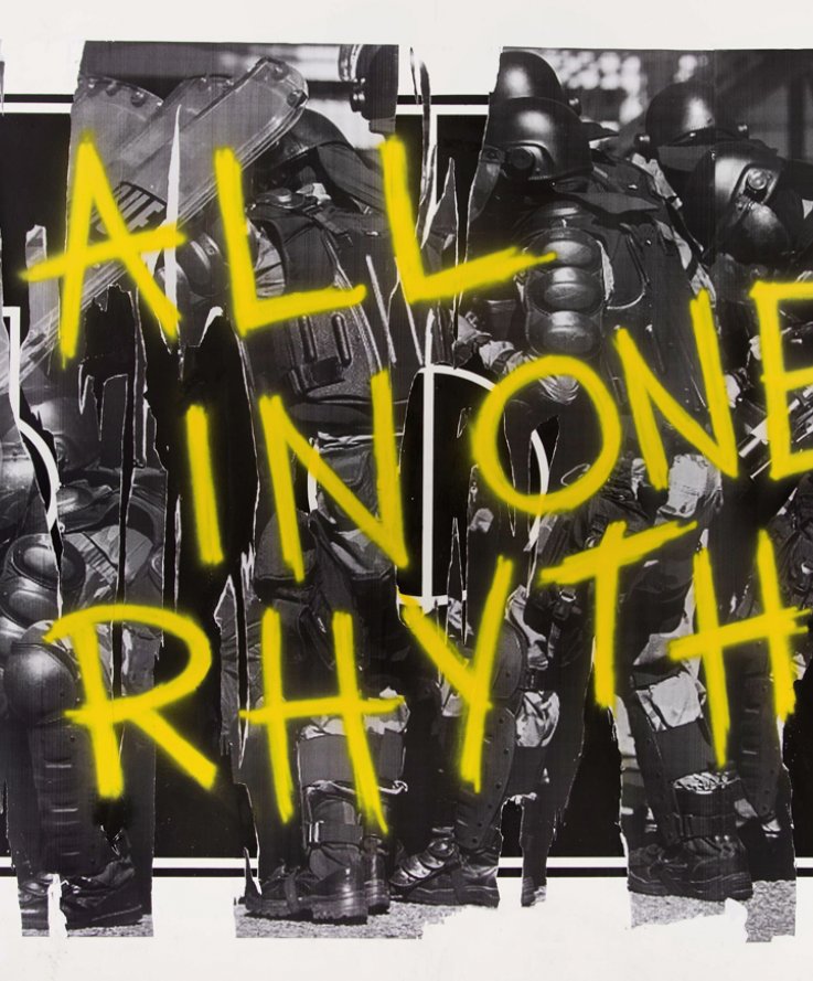 All In One Rhythm, 2014,<br />
Wall painting, collage and acrylic colour spray, 230 x 350 cm