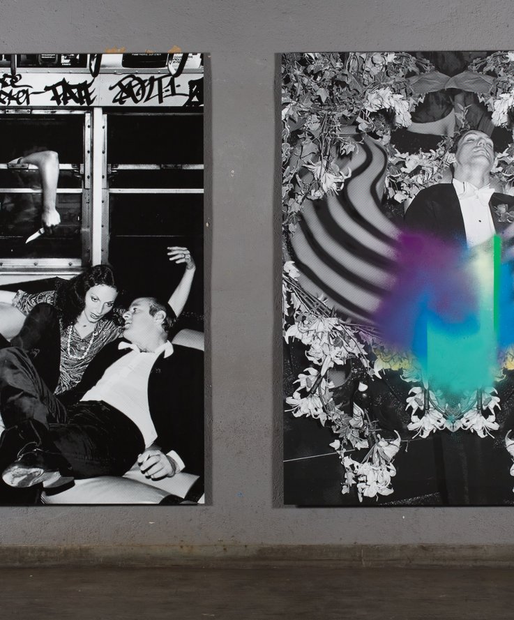 Left: Knife Chill, 2016<br />
Inkjet print on archival mat paper, 150 x 200 cm.<br />
//<br />
Right: The Ecstasy of Flowers, 2016<br />
Inkjet print and color spray paint on archival mat paper, 150 x 200 cm.<br />

