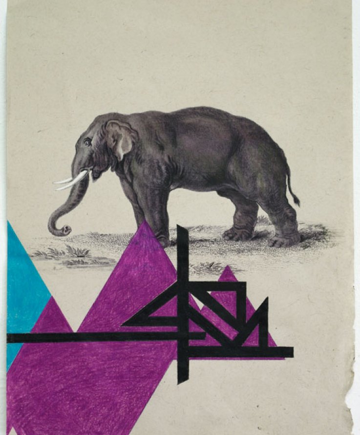 Elephs II, 2011, <br />
Print and coloured pencils on handmade paper, 32x42 cm