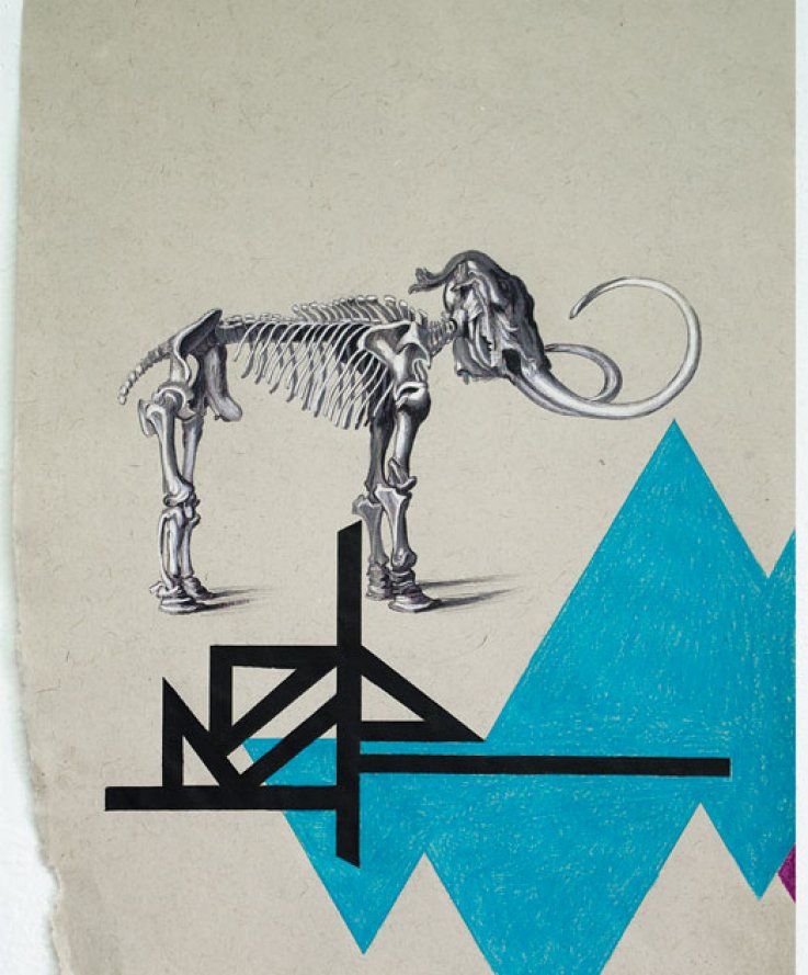 Elephs I, 2011, <br />
Print and coloured pencils on handmade paper, 32x44 cm