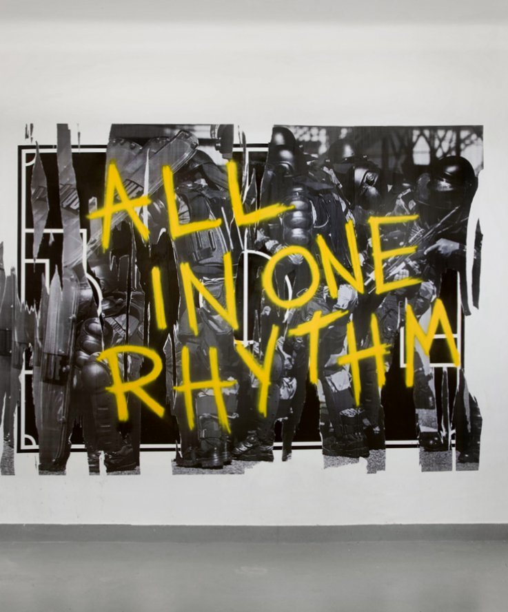 All In One Rhythm, 2014,<br />
Wall painting, collage and acrylic colour spray, 230 x 350 cm