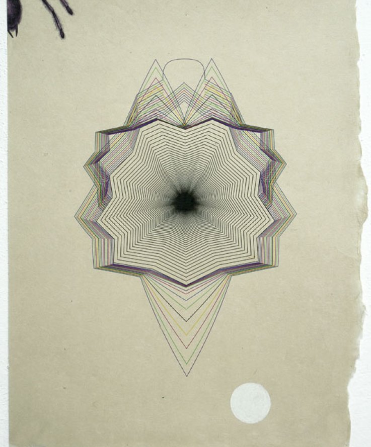 Tarantula, 2011, <br />
Print and coloured pencils on handmade paper, 31x43 cm