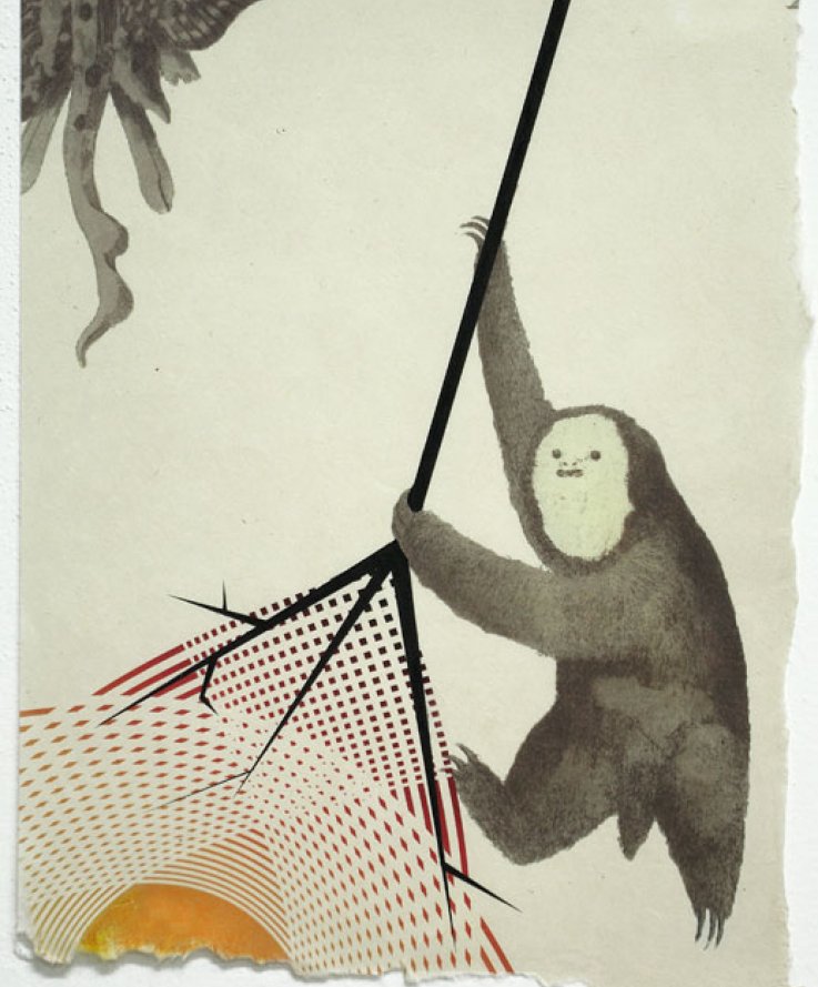 Sloth, 2011, <br />
Print and coloured pencils on handmade paper, 29x35 cm