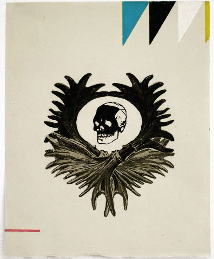 Skull, 2011, <br />
Print and coloured pencils on handmade paper,<br />
30x38 cm